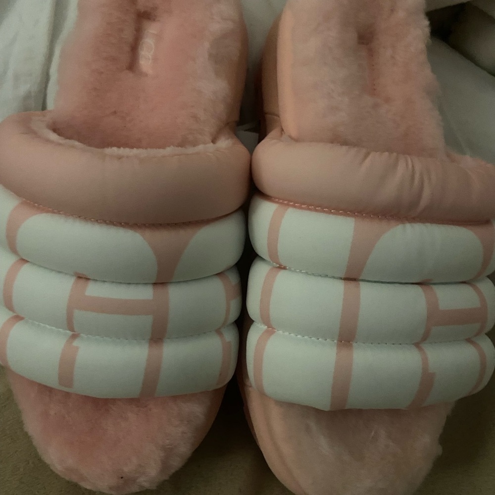 UGG Pink and White Fluffy Mules
